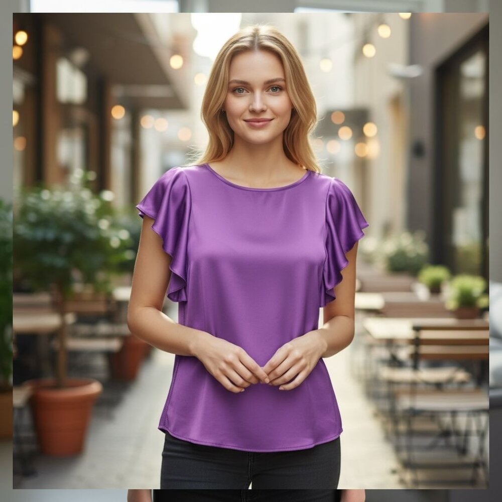 NEW Worthington Womens Purple S silky soft short Sleeve Ruffle Blouse Elegant